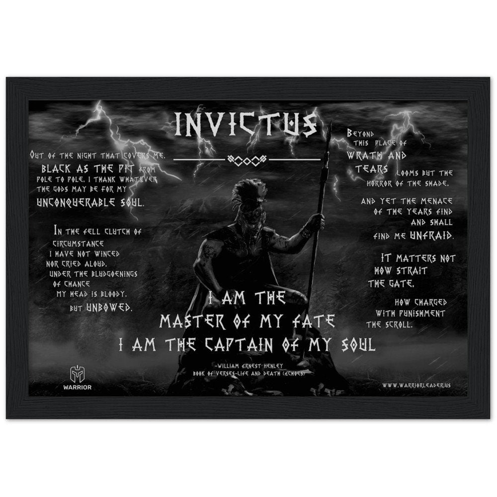 Invictus (B &amp; W) Poem Art | FRAMED POSTER| William Ernest Henley Quote Decor | Motivational Art | Quote Print | Library Print | Poem